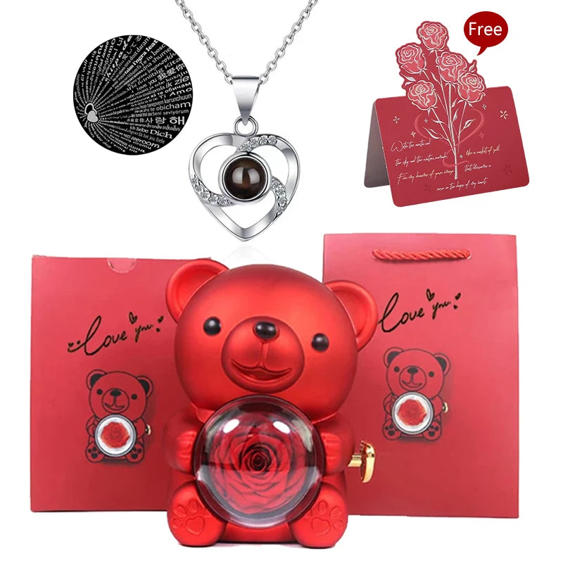 Passion Bear™ - Teddy Bear With Preserved Rose & Necklace